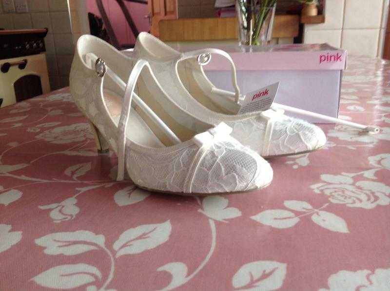 PINK BY PARADOX LONDON ,IVORY SATIN AND LACE ,CUPCAKE AND MID HEEL WEDDING SHOES worn once only