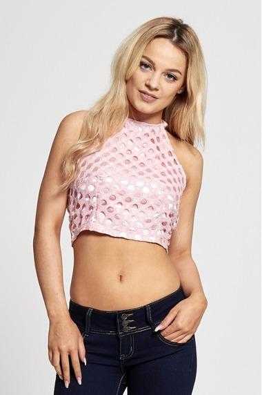 Pink Circle Lacy Overlay Halter Neck Crop Top