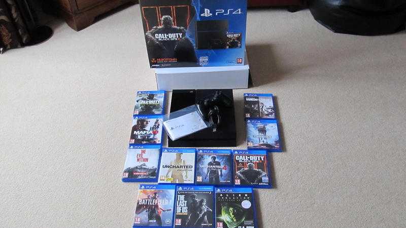 PS4 CONSOLE, 500g CONTROLLER AND 11 TOP GAMES WITH ORIGINAL CONSOLE PURCHASE RECIEPT