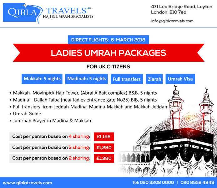 Qibla travels Ltd offer Ladies Umrah Package (age 45) in March from UK - Women Umrah group