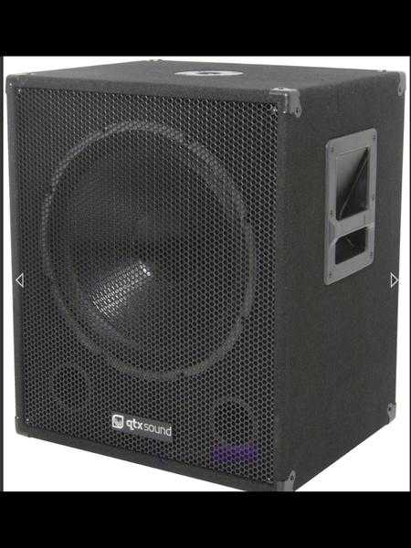 QTX Sound QT15SA 15quot Active Powered 600W PA DJ Subwoofer Sub Bass Bin Pair.