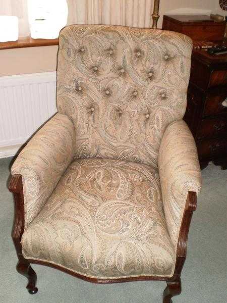 RE-UPHOLSTERED BUTTON BACK ARMCHAIR