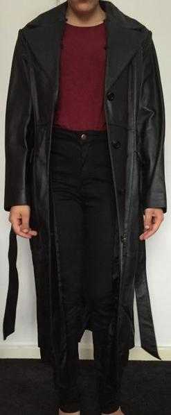 Real 100 leather long black coat