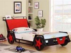 Red 3FT single racing car bed featuring faux wheels, doors and car lights