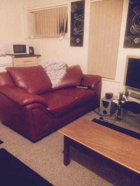 Red leather 2 seater sofa