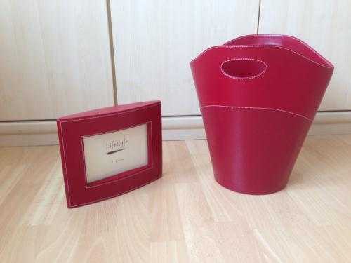 Red leather bin and matching photo frame