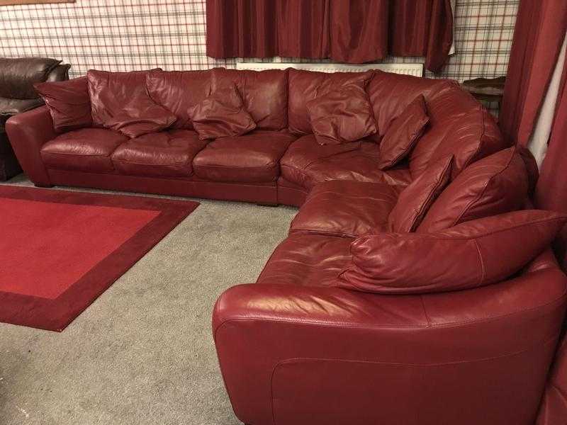 Red leather corner 67 seater sofa  armchair amp large footstool