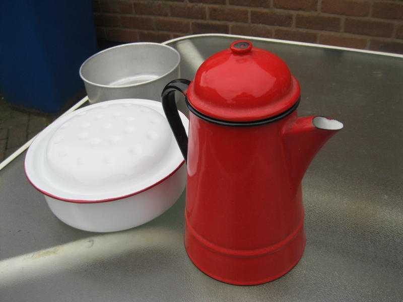 Red Metal CoffeeTea pot, Metal casserole dish and lid and sieve