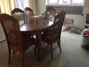 Reproduction yew wood beautiful and perfect condition 152cms oblong table and six chairs (2 carvers)