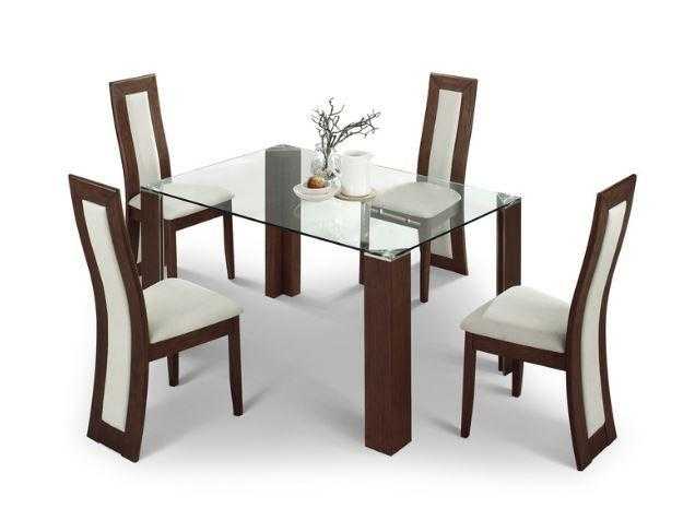 Rich walnut and glass dining set with cream woven upholstery