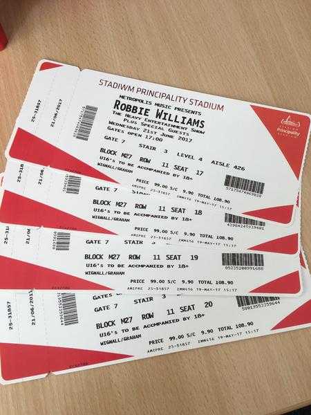 Robbie Williams Tickets x 4 Cardiff Wednesday 21st June TONIGHT