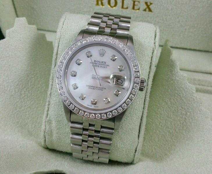 Rolex-36mm-Datejust-Oyster-Steel-2ct-Genuine-Diamond-Bezel-Dial-Watch