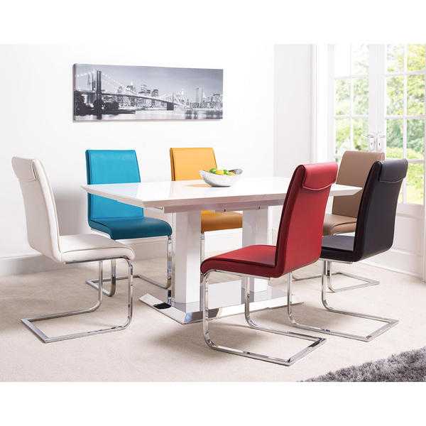 Roma dining table and six chairs white gloss with six different colour chairs