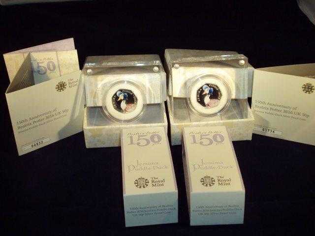 Royal Mint Beatrix Potter Miss Tiggy Winkle  Jemima Puddle Duck Silver Proof 50p Coins.