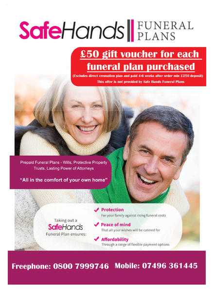 Safehands Funeral Plans, Free home visit to discuss your needs, 50 Gift Voucher
