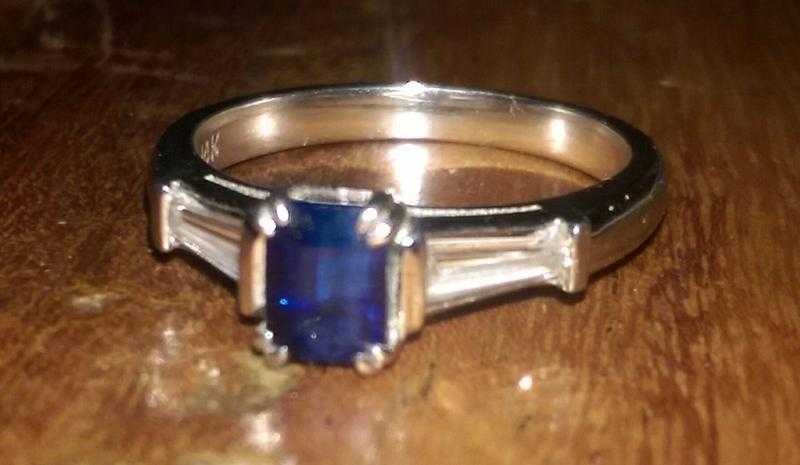 Sapphire and diamond white gold art deco engagement dress ring