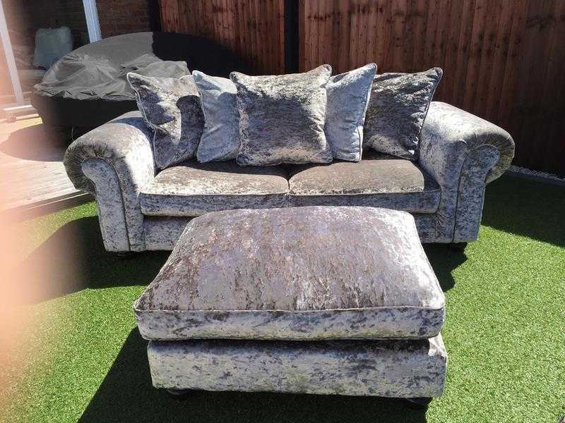 Scarpa 3 Seater Sofa amp Footstool in Silver crushed Velvet