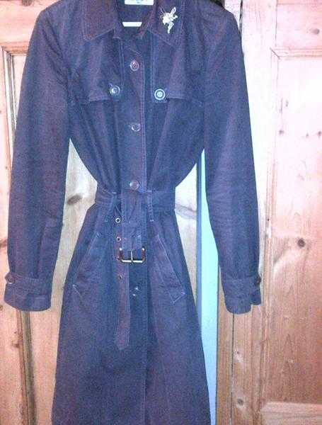 See by Chloe dark gunmetal grey cotton trench raincoat coat mac size 6 8 with enamelled pin brooch