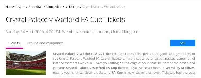 Semi Final  Crystal Palace v Watford  2 Front Row Gold  VIP  Club Wembley Tickets  Free Drinks