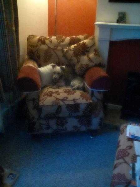 Settee, 3 seater and chair and pouffe.