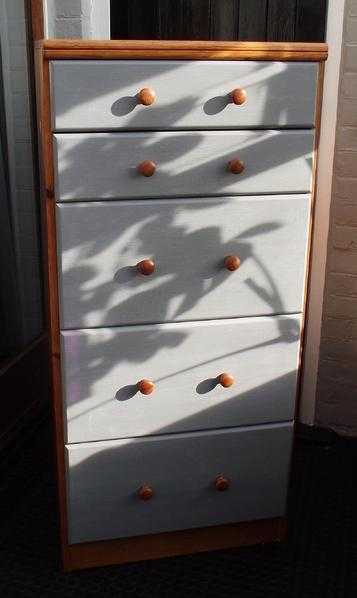 Shabby chic tall boy pine wood chest of draws