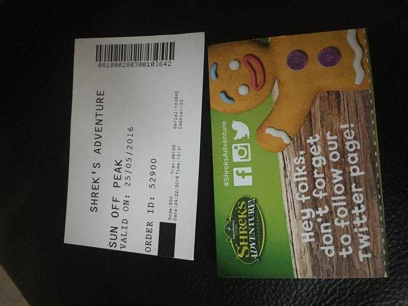 Shrek adventure tickets x 2