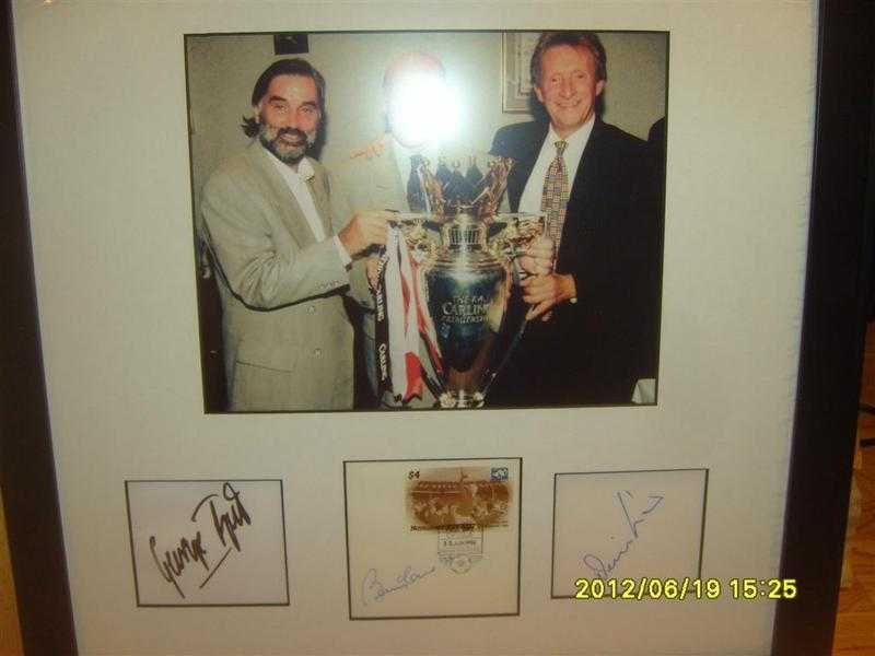 Signed George Best  Sir Bobby Charlton and Denis Law framed picture Autographs