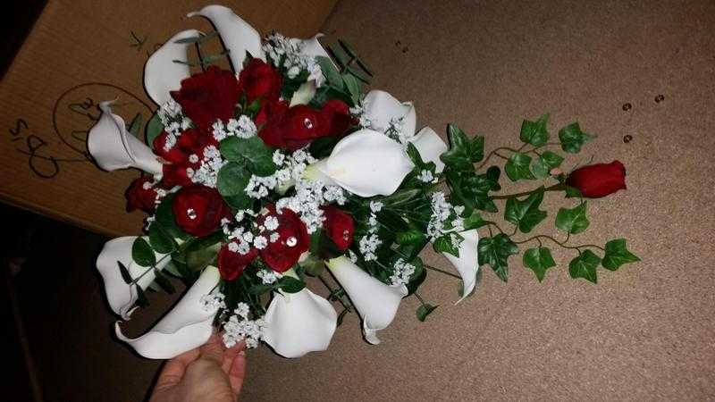 Silk Wedding Flowers Red Rose 9amp Calla Lily 1Trailing Bouquet, 3 Bridesmaid Posies amp a Button Hole