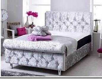 Sleigh bed frame in silver velvet