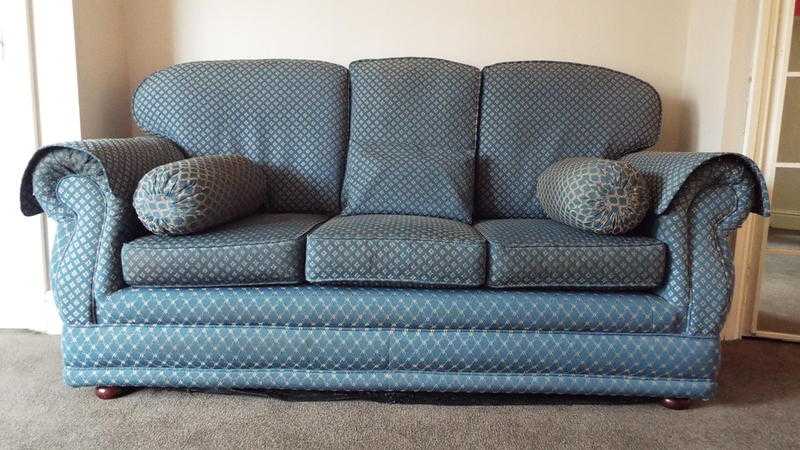 Sofa 3 Seater in patterned blue shade fabric and firm cushions