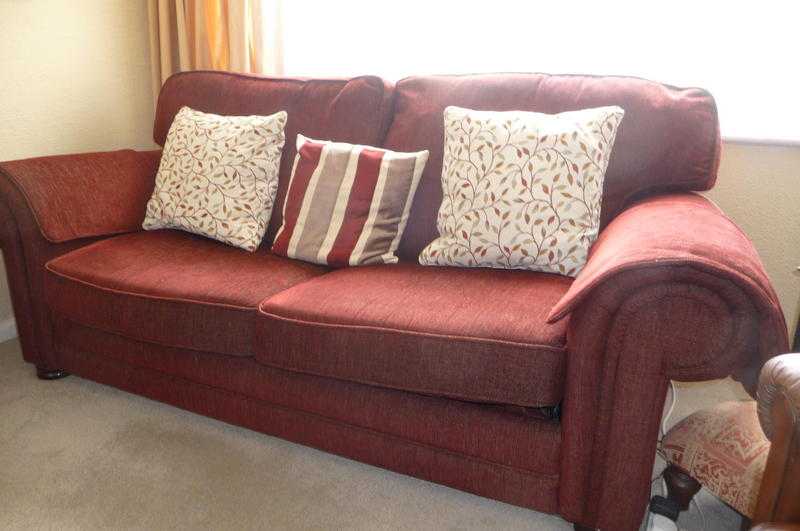 SOFA BED, BURGUNDY RED WITH 4 CUSHIONS amp ARM PROTECTORS