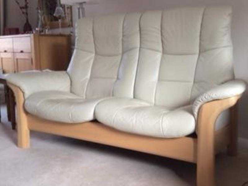 Sofa Stressless 2 seater recliner in cream leather  footstool