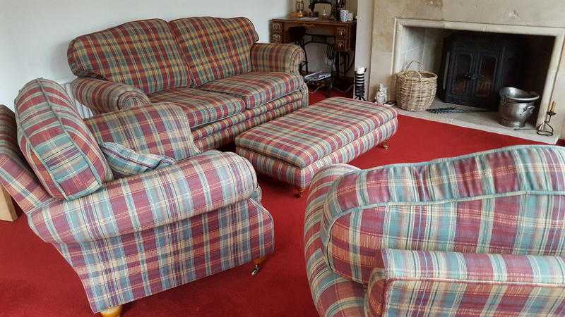 Sofa, two armchairs amp footstool.