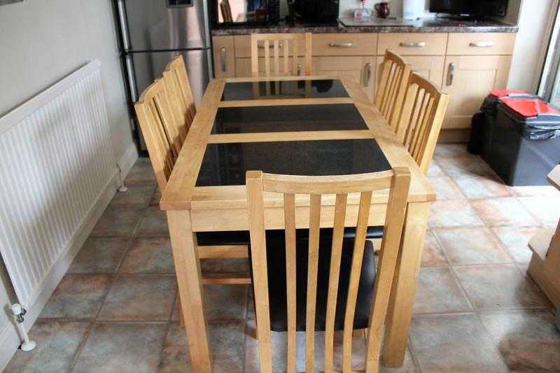 SOLID BEECH WOOD TABLE AND 6 CHAIRS WITH GRANITE INSERTS