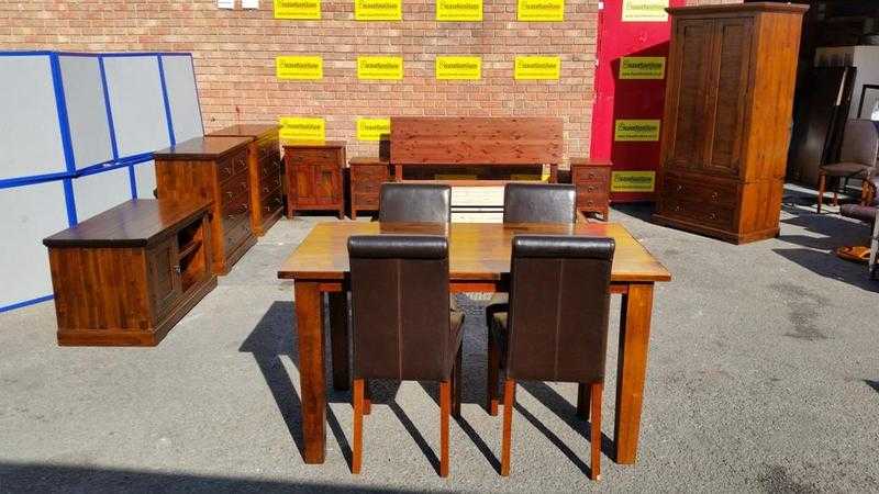 SOLID DARK WOOD BEDROOM SUITE PLUS DINING SET, TV STAND AND SIDEBOARD - WARREN EVANS AND CARGO HOME