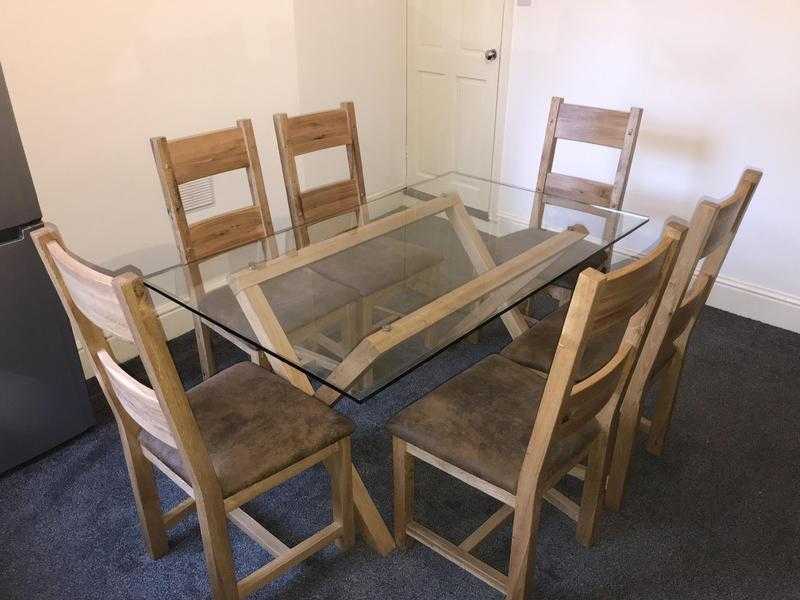 Solid Oak and Glass Top Dining Table and Chairs