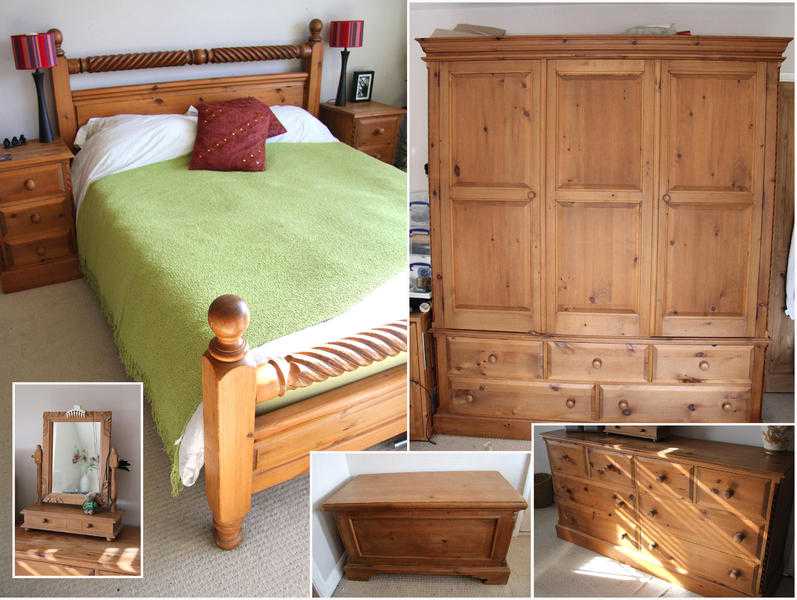 Solid pine bedroom furniture including wardrobe, bed with mattress, drawers, chest, bedside cabinets