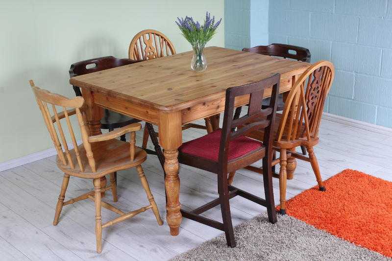 SOLID PINE FARMHOUSE 4 FT TABLE WITH 6 CHAIRS WAXED - CAN COURIER