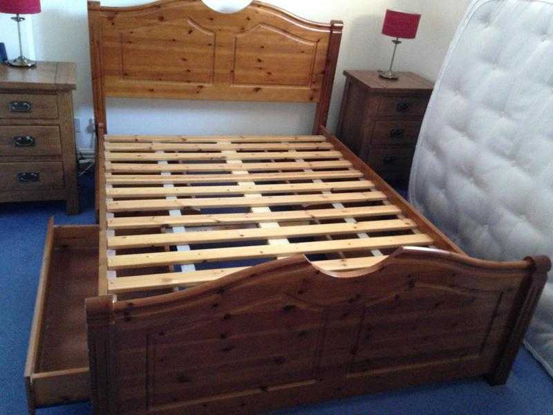 Solid pine standard double bed frame with storage drawers