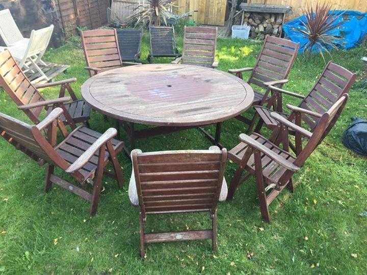 Solid wood 8 seater garden table and chairs