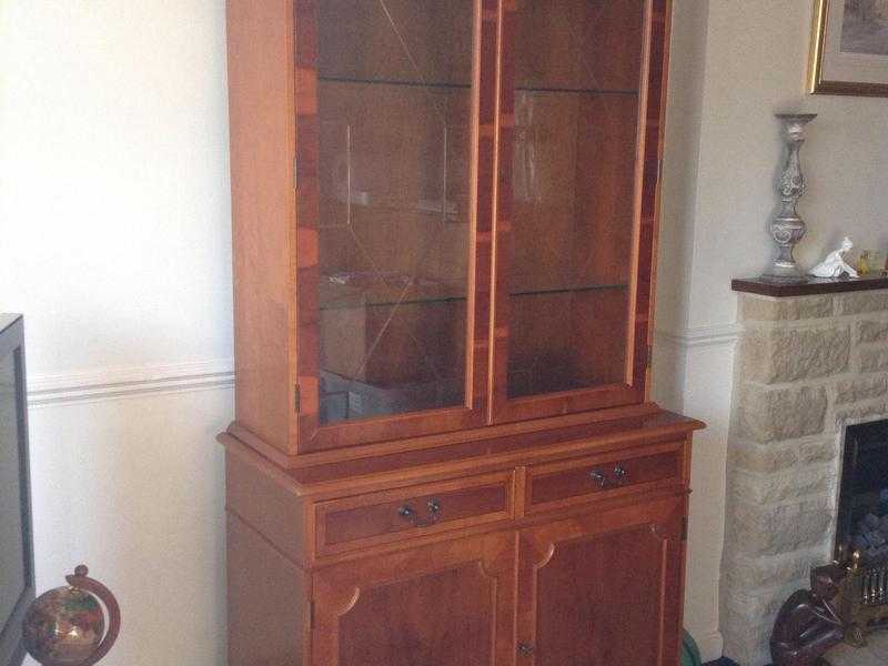 Solid yew cabinet with glass doors immaculate