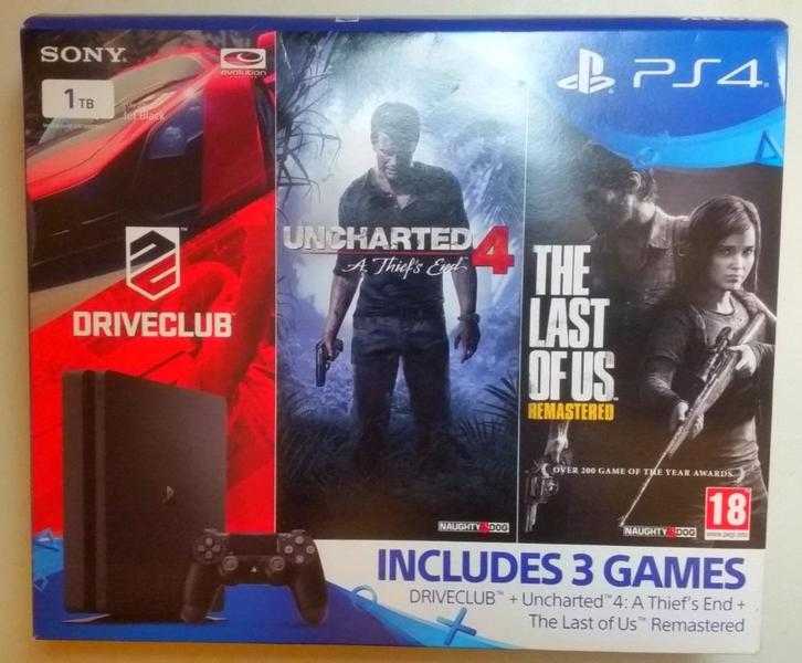 Sony PlayStation 4  1TB Jet Black Console NEW   4 Games FIFA 14, Uncharted 4, Driverclub