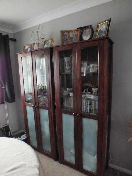 Stained pine glass door display units x2