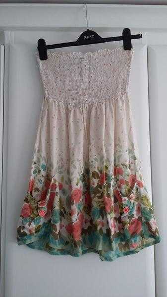 Strapless Cream Floral Top Summer Dress Size 12-14