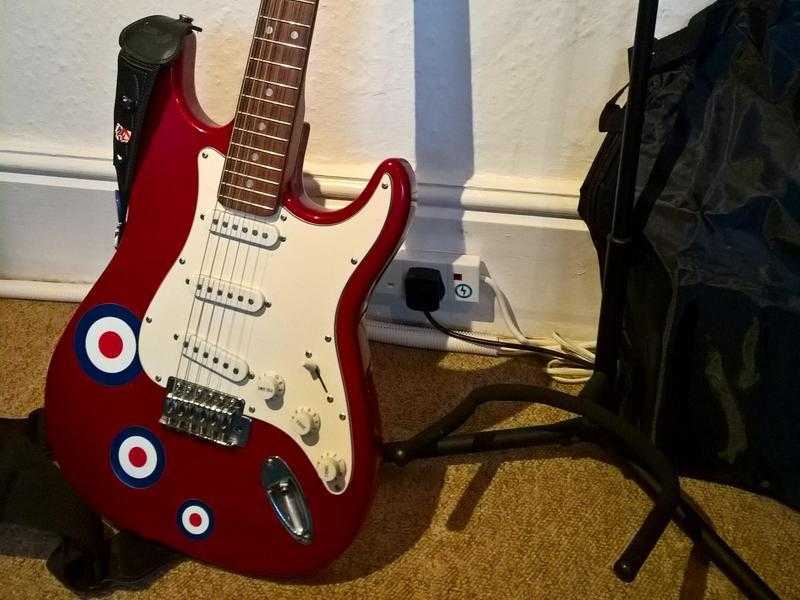 Stratocaster THE WHO custom electric guitar, Cherry Apple Red, with stand and case