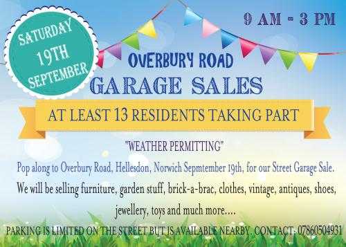 STREET GARAGETABLE TOP SALES - SAT 19TH SEPTEMBER (9AM - 3 PM) RESIDENTS OF OVERBURY ROAD, NR6