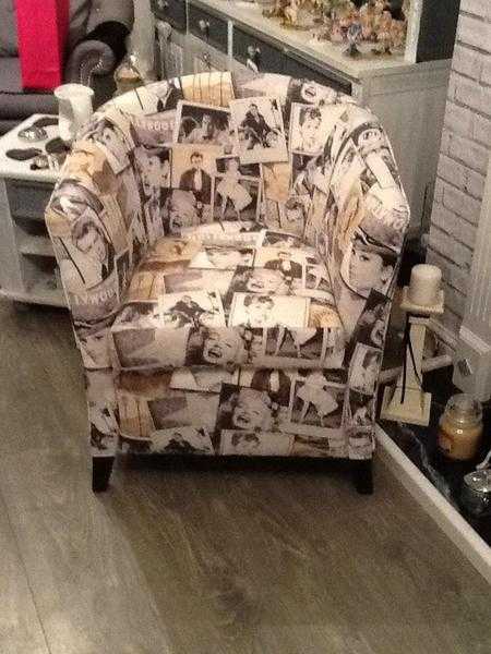 Stunning bespoke feature chair in a stunning Hollywood legends print fabric