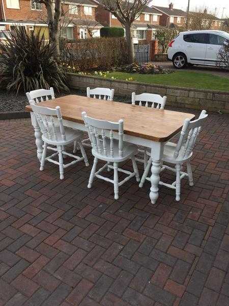 Stunning Shabby Chic, Rustic Farmhouse Solid Pine Dining Table amp 6 Chairs