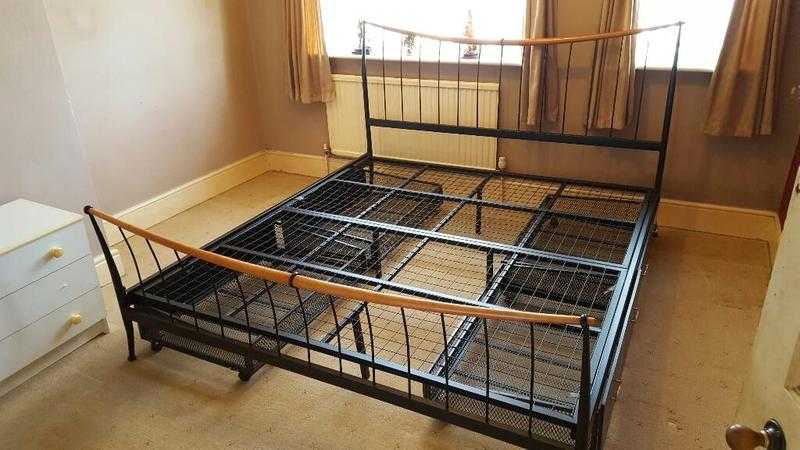 super king size metal and wood bed frame only, blacklight oak with 4 draws