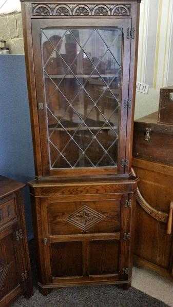 Tall Vintage Jaycee Oak Tudor Style Corner Cabinet